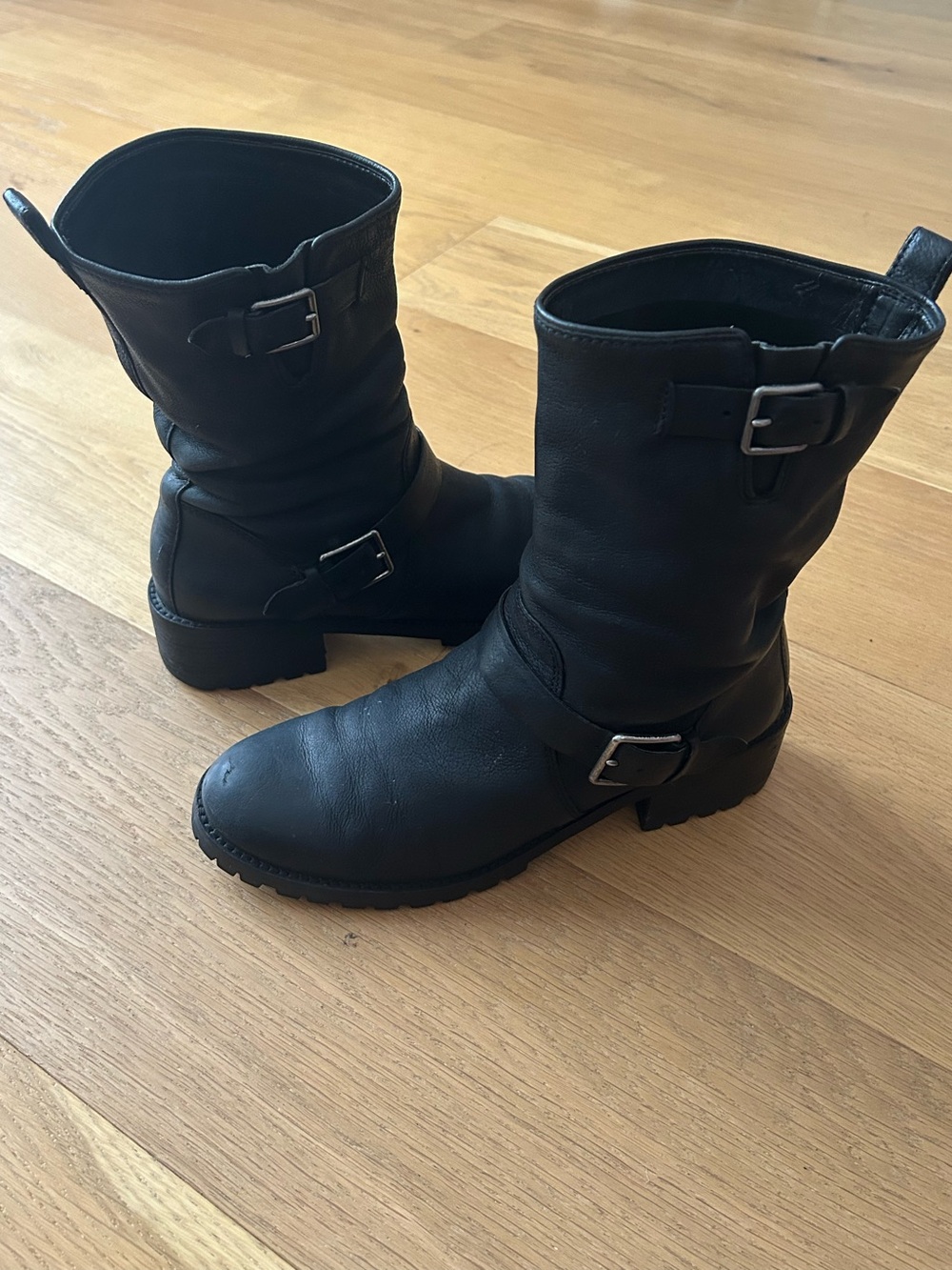 Cole Haan Hemlock Black Leather Harness Engineer Buckle Mid-Calf Boots, Sz 8.5